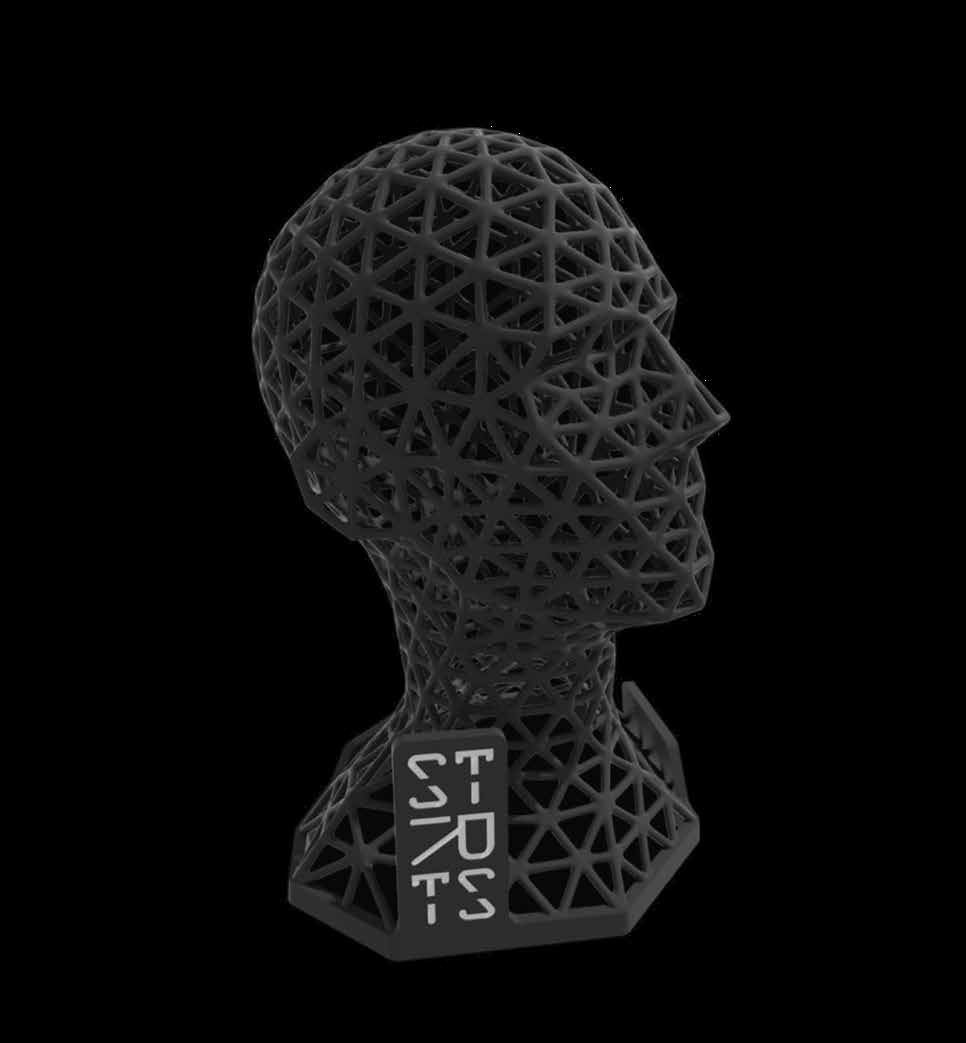 STRATUS shop display: a black lattice-printed head with the STRTS tag on its base, on a black background