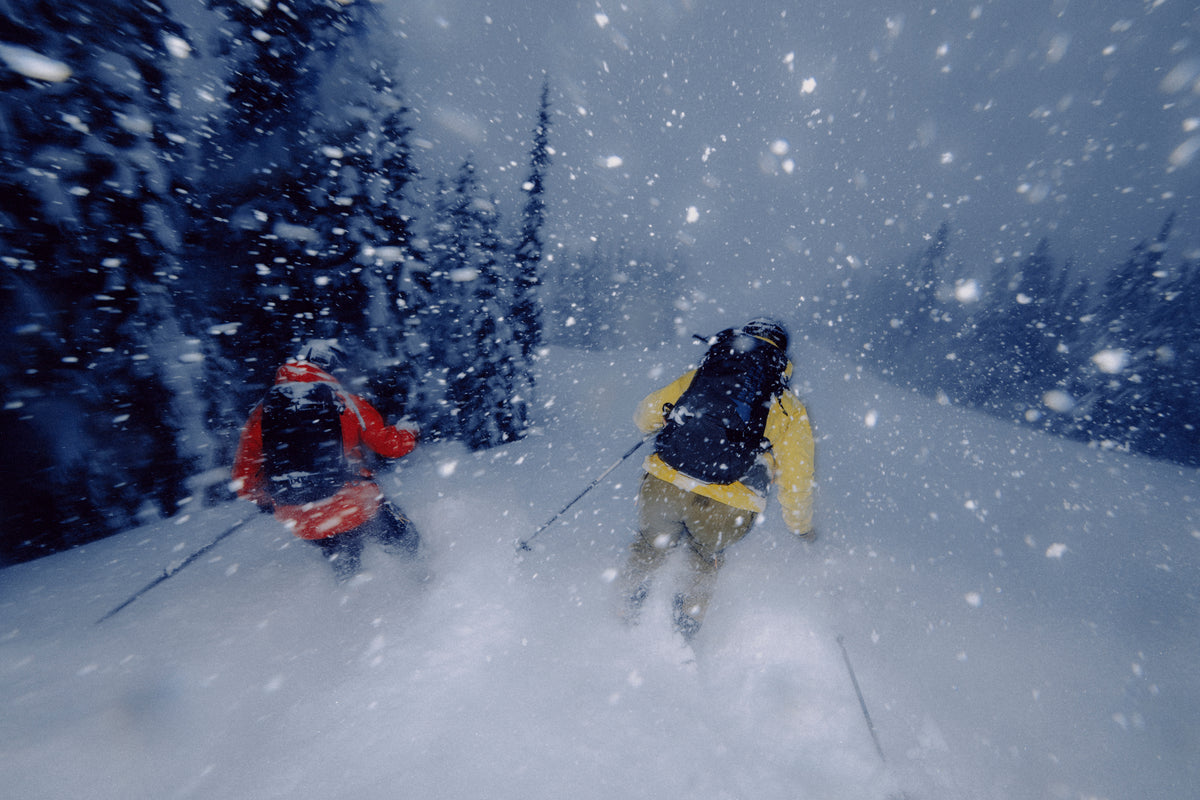 Two skiers in red and yellow jackets skiing through the trees in heavy snowfall